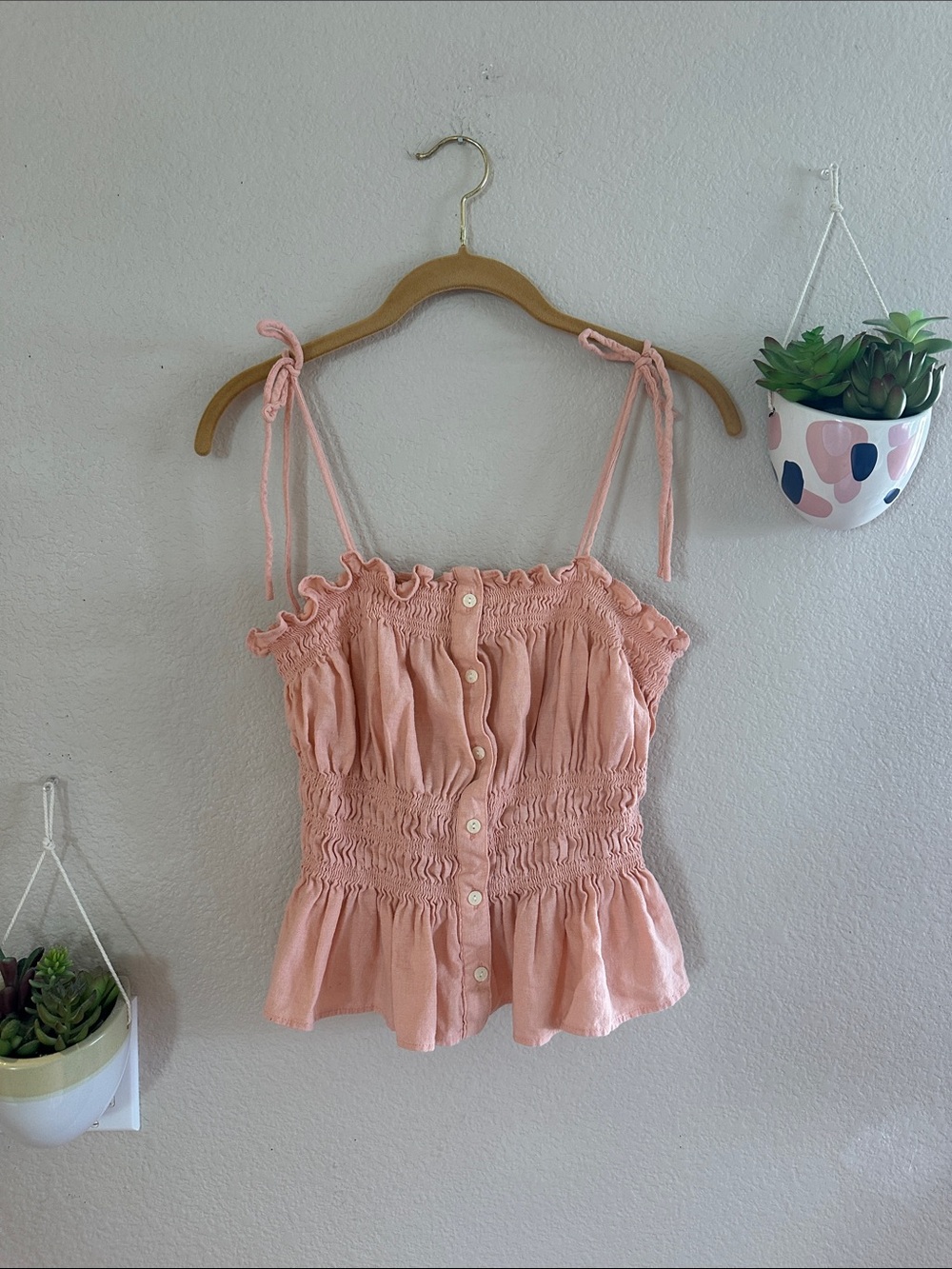 Universal Thread Pink Peplum Button Down Tie Straps Smocked Tank Top Large